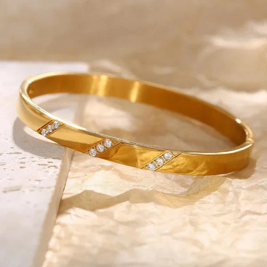 White Zircon Line Gold Stainless Steel Bangle – Elegant Luxury Bracelet for Women